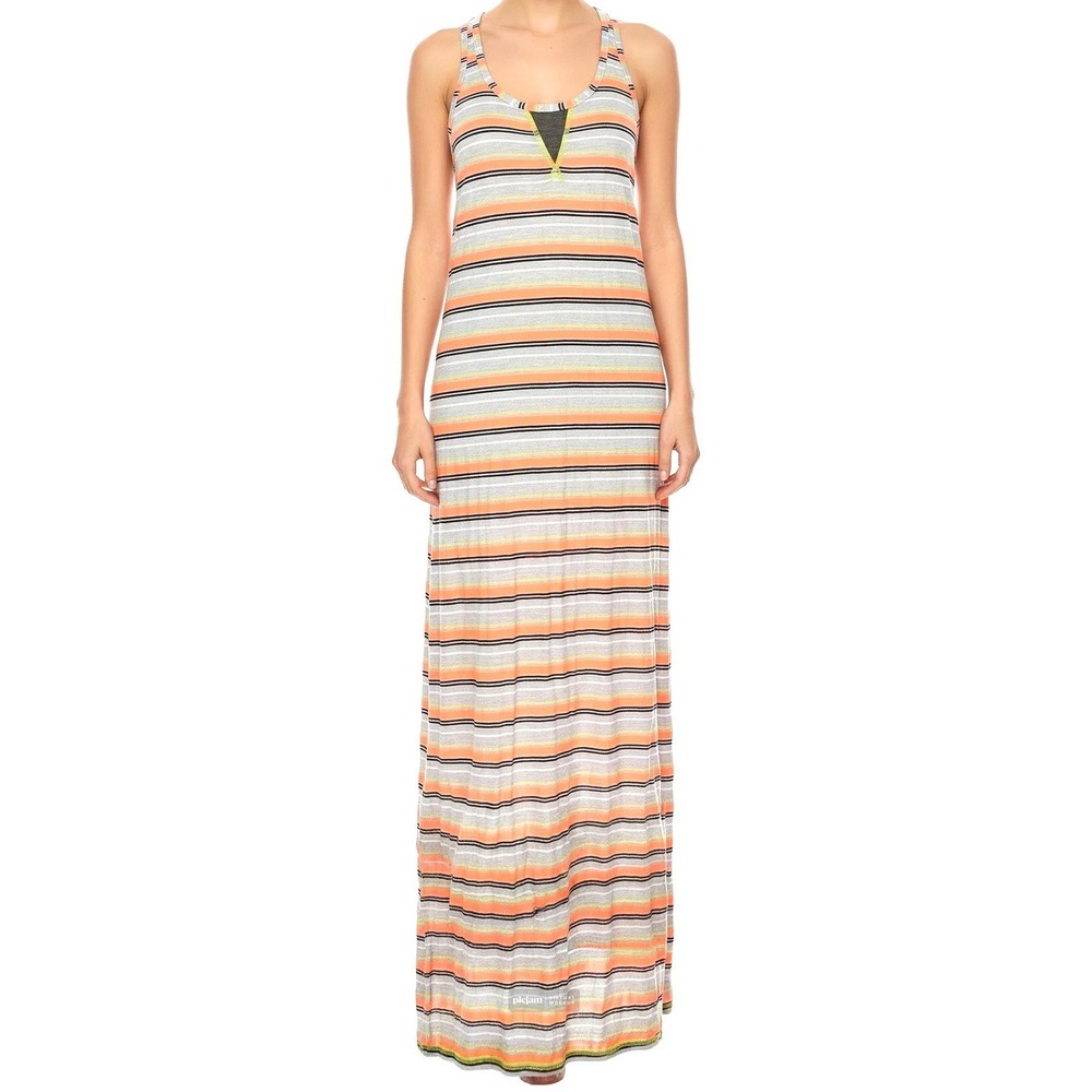 T-Party Women Grey Orange Striped‎ Racerback Maxi Dress Small Petite